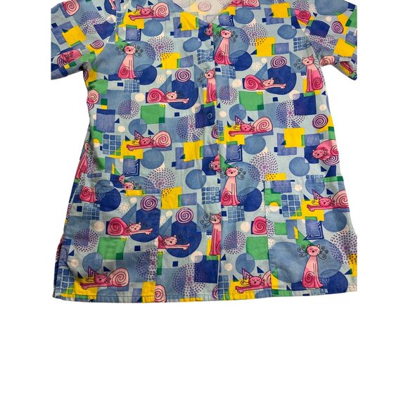 Fundamentally Cotton By White Swan Whimsical Cat Print Scrub Top S Snap Front - Picture 3 of 10